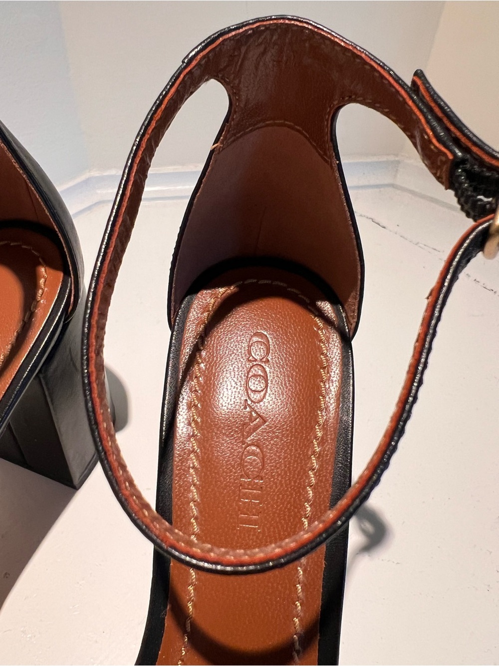 COACH Black Leather Ankle-Strap Block Heels with Gold Accent - Picture 7 of 8
